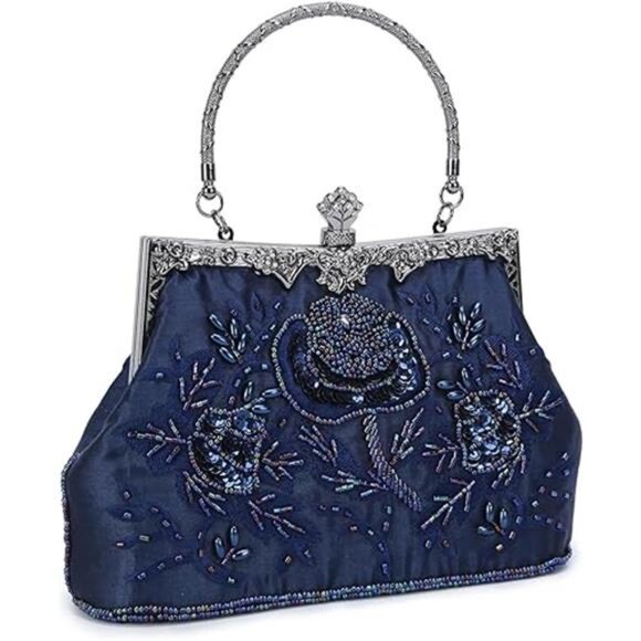 Women's Embroidered Beaded Sequin Evening Clutch Large Wedding Party Purse - Picture 7 of 7